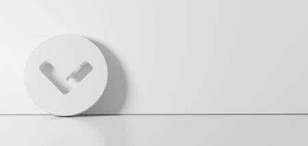 3D rendering of white symbol of down chevron in circle icon leaning on on color wall with floor...