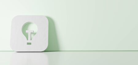 3D rendering of white icon of tips app in iOS style icon leaning on on color wall with floor blurred reflection with empty space on right sideの写真素材