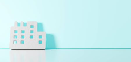 3D rendering of white symbol of city with factory icon leaning on on color wall with floor blurred reflection with empty space on right sideの写真素材