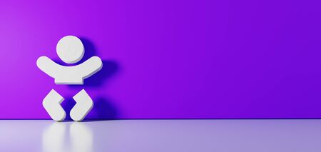 3D rendering of white symbol of baby icon leaning on on color wall with floor blurred reflection...