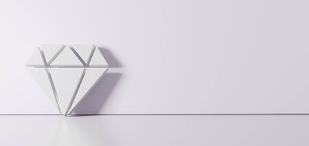 3D rendering of white symbol of precious stone cut icon leaning on on color wall with floor blurred...