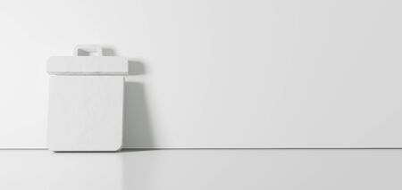 3D rendering of white symbol of bin with handle icon leaning on on color wall with floor blurred...