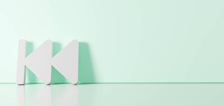 3D rendering of white symbol of fast backward symbol icon leaning on on color wall with floor...
