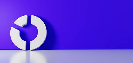 3D rendering of white symbol of pie chart with two slices icon leaning on on color wall with floor blurred reflection with empty space on right sideの写真素材