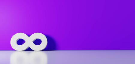 3D rendering of white symbol of infinity sign icon leaning on on color wall with floor blurred...