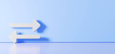 3D rendering of white symbol of exchange left and right arrows icon leaning on on color wall with...