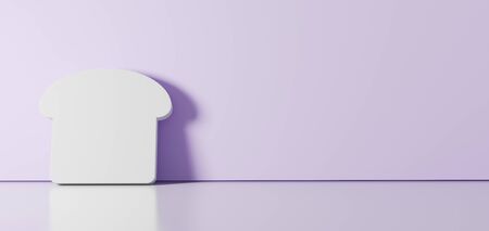 3D rendering of white symbol of slice of toast bread icon leaning on on color wall with floor blurred reflection with empty space on right sideの写真素材