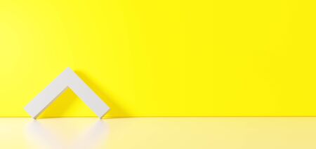3D rendering of white symbol of simple open up arrow icon leaning on on color wall with floor...