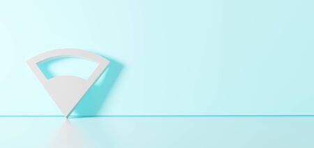 3D rendering of white symbol of connection volume middle icon leaning on on color wall with floor blurred reflection with empty space on right sideの写真素材