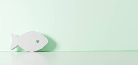 3D rendering of white symbol of fish from profile icon leaning on on color wall with floor blurred...