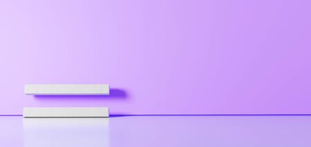 3D rendering of white symbol of thin equal sign icon leaning on on color wall with floor blurred reflection with empty space on right sideの写真素材