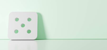 3D rendering of white symbol of dice with five dots icon leaning on on color wall with floor blurred reflection with empty space on right sideの写真素材