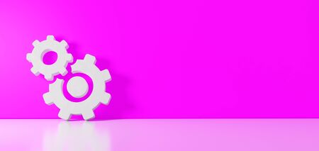 3D rendering of white symbol of cogwheel covers bigger cogwheel icon leaning on on color wall with floor blurred reflection with empty space on right sideの写真素材