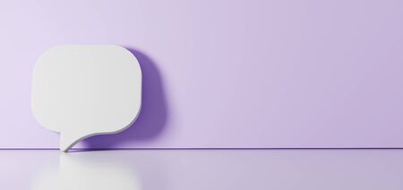 3D rendering of white symbol of  rounded chat bubble left icon leaning on on color wall with floor...