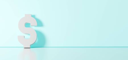 3D rendering of white symbol of dollar symbol icon leaning on on color wall with floor blurred reflection with empty space on right sideの写真素材