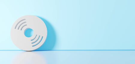 3D rendering of white symbol of circle vinyl disc icon leaning on on color wall with floor blurred...