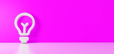 3D rendering of white symbol of bulb icon leaning on on color wall with floor blurred reflection...