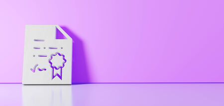 3D rendering of white symbol of diploma with stamp and ribbon icon leaning on on color wall with floor blurred reflection with empty space on right sideの写真素材