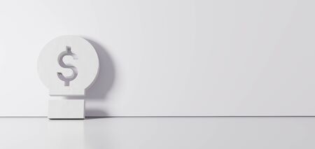 3D rendering of white symbol of bulb with dollar symbol inside icon leaning on on color wall with floor blurred reflection with empty space on right sideの写真素材