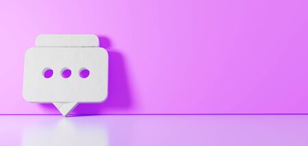 3D rendering of white symbol of two rectangular rounded chat bubbles with three dots icon leaning on on color wall with floor blurred reflection with empty space on right sideの写真素材