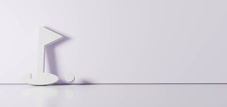 3D rendering of white symbol of golf hole with flag and ball icon leaning on on color wall with floor blurred reflection with empty space on right sideの写真素材