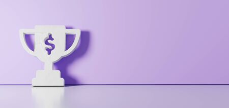 3D rendering of white symbol of award cup with dollar sign icon leaning on on color wall with floor blurred reflection with empty space on right sideの写真素材
