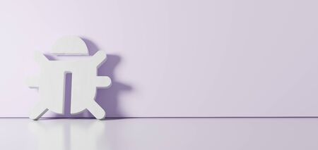 3D rendering of white symbol of bug with six legs icon leaning on on color wall with floor blurred reflection with empty space on right sideの写真素材