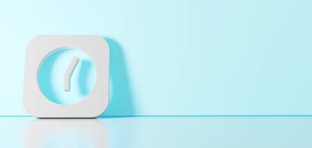 3D rendering of white symbol of rectangle alarm clock icon leaning on on color wall with floor...