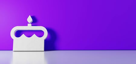 3D rendering of white symbol of birthday cake with candle and topping icon leaning on on color wall with floor blurred reflection with empty space on right sideの写真素材