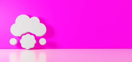 3D rendering of white symbol of cloud falling meatball icon leaning on on color wall with floor blurred reflection with empty space on right sideの写真素材