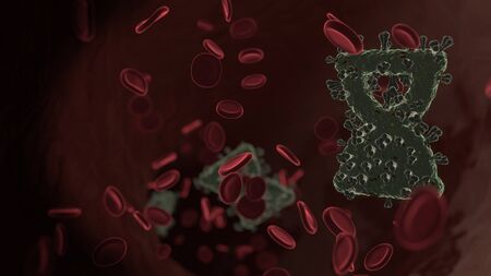 microscopic 3D rendering view of virus shaped as symbol of hourglass in end phase inside vein with red blood cellsの写真素材