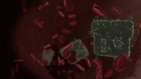 microscopic 3D rendering view of virus shaped as symbol of house with straight roof  inside vein...