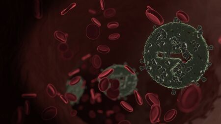 microscopic 3D rendering view of virus shaped as symbol of open right rounded arrow in circle inside vein with red blood cellsの写真素材