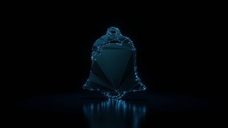 3d rendering wireframe digital techno neon glowing symbol of bell alarm with shining dots on black background with blured reflection on floorの写真素材