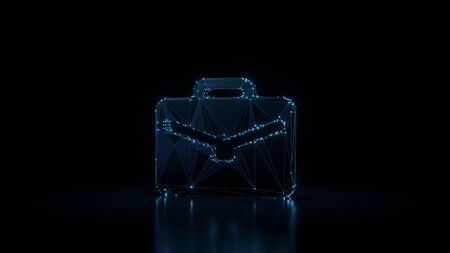 3d rendering wireframe digital techno neon glowing symbol of briefcase with shining dots on black background with blured reflection on floorの写真素材