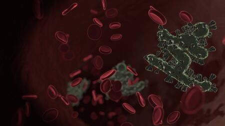 microscopic 3D rendering view of virus shaped as symbol of skiing figure inside vein with red blood cellsの写真素材