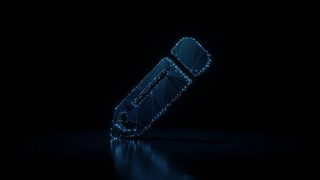 3d rendering wireframe digital techno neon glowing symbol of pencil  with shining dots on black...