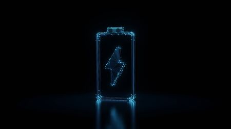 3d rendering wireframe digital techno neon glowing vertical vertical symbol of charging empty battery with flash with shining dots on black background with blured reflection on floorの写真素材