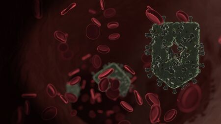 microscopic 3D rendering view of virus shaped as symbol of label with star inside vein with red blood cellsの写真素材
