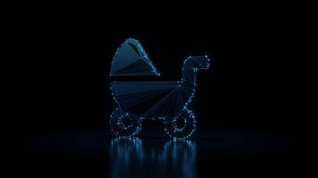 3d rendering wireframe digital techno neon glowing symbol of baby carriage with two wheels towards left with shining dots on black background with blured reflection on floorの写真素材