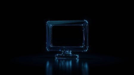 3d rendering wireframe digital techno neon glowing symbol of monitor with shining dots on black background with blured reflection on floorの写真素材