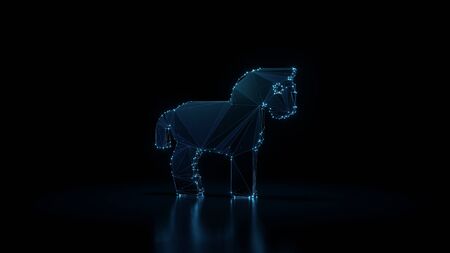 3d rendering wireframe digital techno neon glowing symbol of horse from profile with shining dots on black background with blured reflection on floorの写真素材