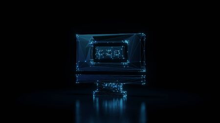 3d rendering wireframe digital techno neon glowing symbol of monitor with password frame on screen with shining dots on black background with blured reflection on floorの写真素材