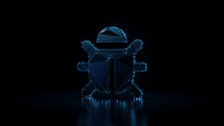 3d rendering wireframe digital techno neon glowing symbol of bug with six legs with shining dots on black background with blured reflection on floorの写真素材