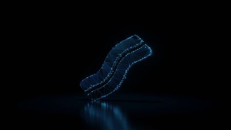 3d rendering wireframe digital techno neon glowing symbol of two slices bacon with shining dots on black background with blured reflection on floorの写真素材
