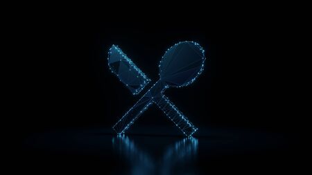 3d rendering wireframe digital techno neon glowing symbol of spoon and knife in cross position with shining dots on black background with blured reflection on floorの写真素材