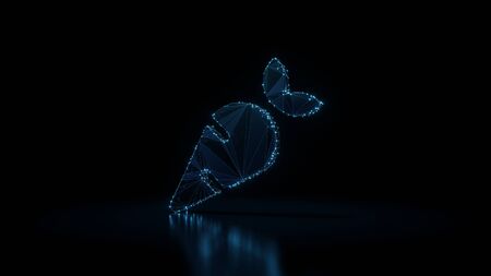 3d rendering wireframe digital techno neon glowing symbol of carrot with shining dots on black background with blured reflection on floorの写真素材