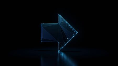 3d rendering wireframe digital techno neon glowing symbol of right arrow with shining dots on black background with blured reflection on floorの写真素材