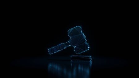 3d rendering wireframe digital techno neon glowing symbol of law hammer with shining dots on black background with blured reflection on floorの写真素材