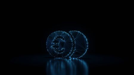 3d rendering wireframe digital techno neon glowing symbol of two euro coins with shining dots on black background with blured reflection on floorの写真素材
